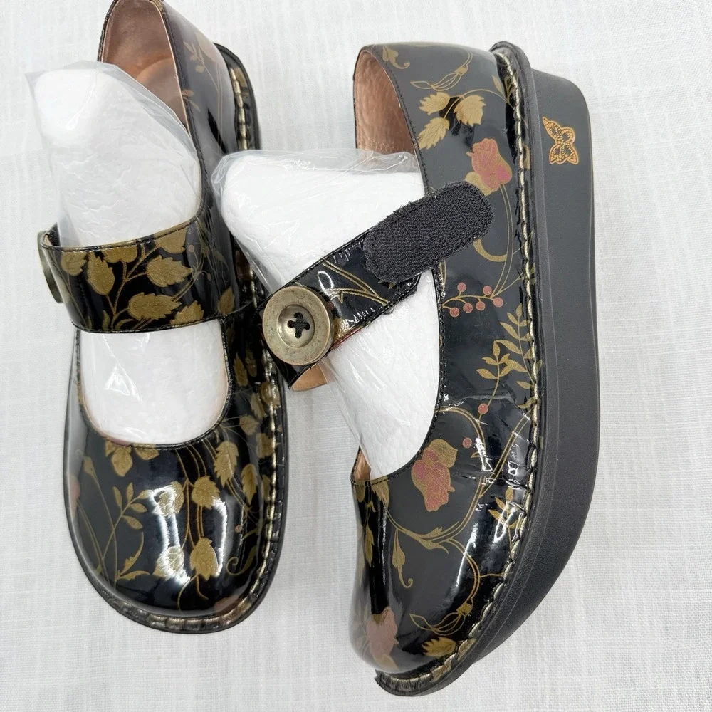 Alegria Paloma Black Patent Floral Mary Jane Comfort Shoes Nursing Shoes EU 39